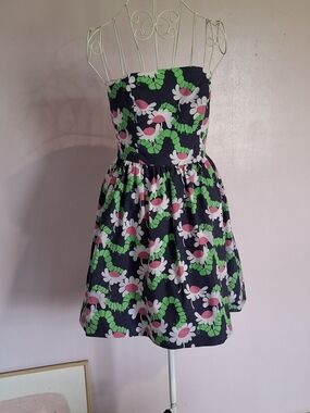 Lilly Pulitzer Navy Strapless Floral Mini Dress with Pink & Green